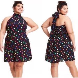 RIXO Black Halter Polka Dot Dress with Multicolor Dots